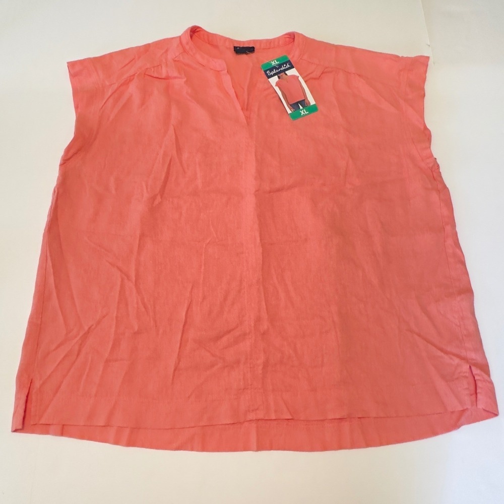 Splendid Womens XL Coral Pink Linen Blend Split Neck Cap Sleeve Blouse NEW